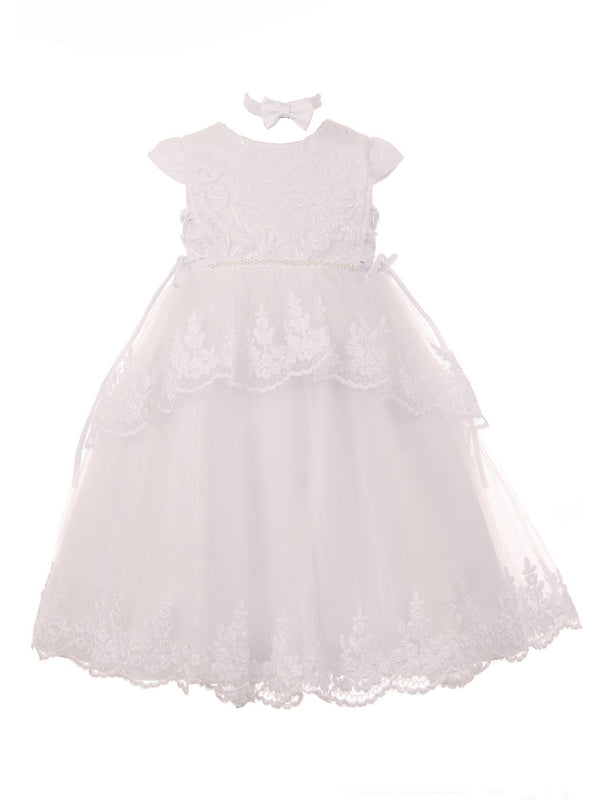 Rain Kids Little Girls White Cap Sleeve Floral Sequined Baptism Dress 2-6 - SophiasStyle.com